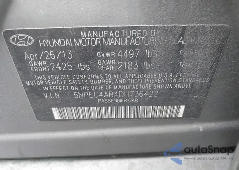 2013 Hyundai Sonata Limited 2.0T из США, поврежденный, VIN 5NPEC4AB4DH736422